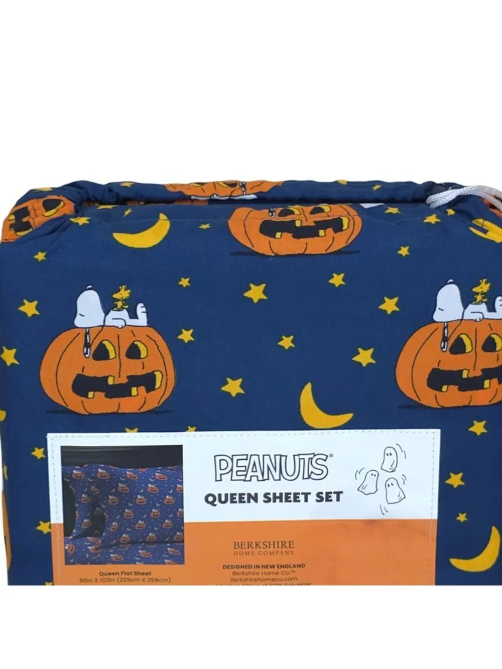 Peanuts Queen Sheet Set Snoopy Halloween By Berkshire Navy w/ Orange Pumpkins